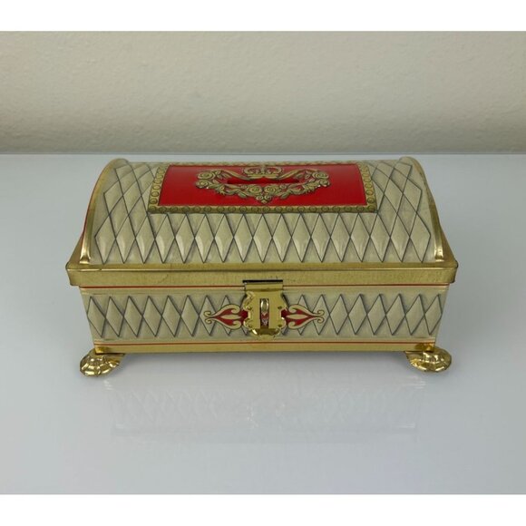 Fricke & Nacke Metal Tin Coin Trinket Box Western Germany Red Gold Tone Vintage - Picture 2 of 15